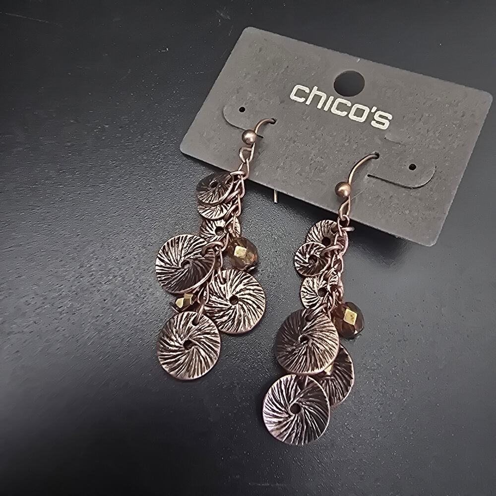 Chico's Bronze Tone Charm Earrings Dangle Drop NWT On Card
